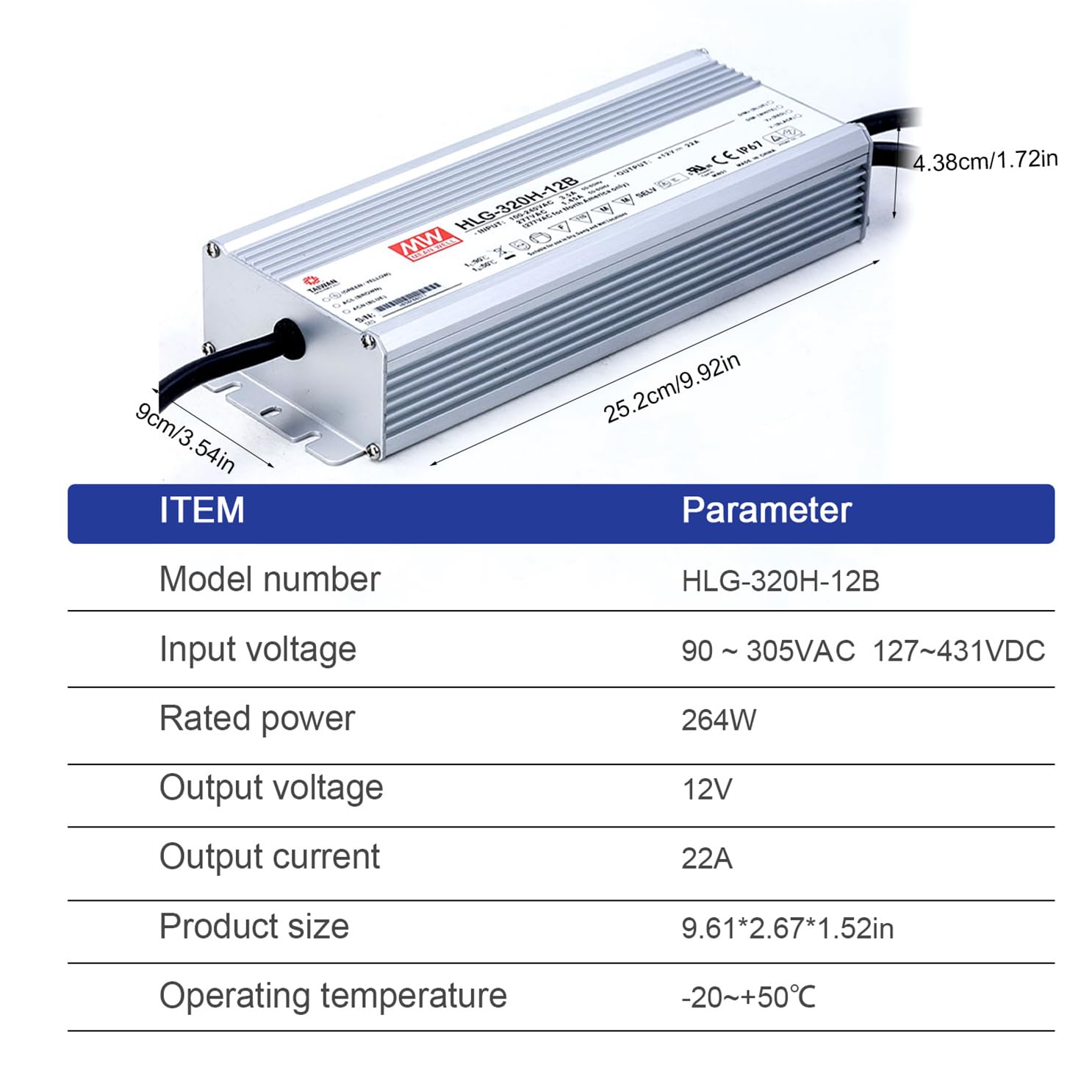 FerroFab HLG-320H-12B 12V 22A 320W LED Driver, IP67 Waterproof, High Efficiency, Compact Design, Exceptional Reliability, for LED Lighting, Industrial Automation, Outdoor Applications