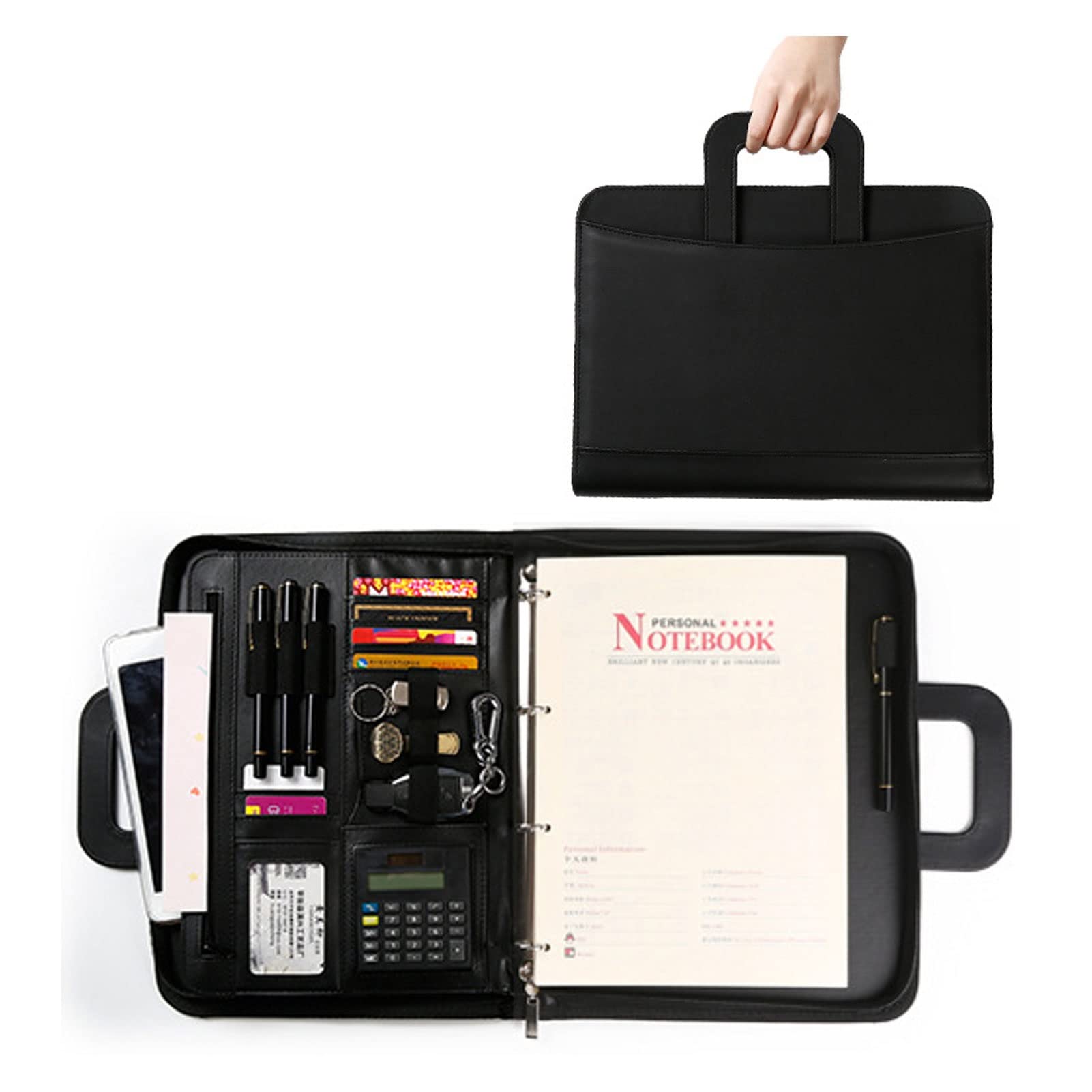 Padfolio Business Portfolio A4 Zipped Conference Folder Leather Resume Document Organiser Ring Binder with Calculator Notepad and Pen Holder for Men Women