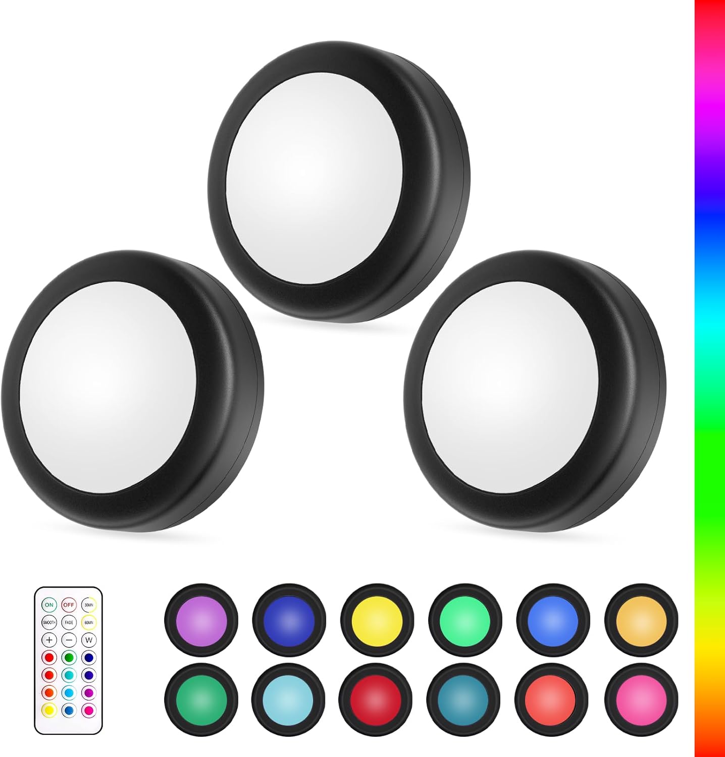 Yiliaw LED Puck Lights with Remote Control, AA Battery Operated Lights, 12 Color Closet Under Cabinet Lighting Tap Under Counter Light for Kitchen, 3 Pack, Black