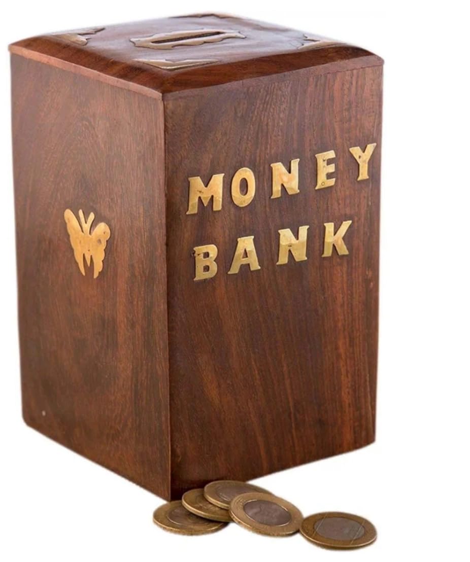 NABZ CRAFTS Handicrafted Wooden Antique Piggy Bank for Girls and Boys (12.5 X 10 X 15 cm, Brown)