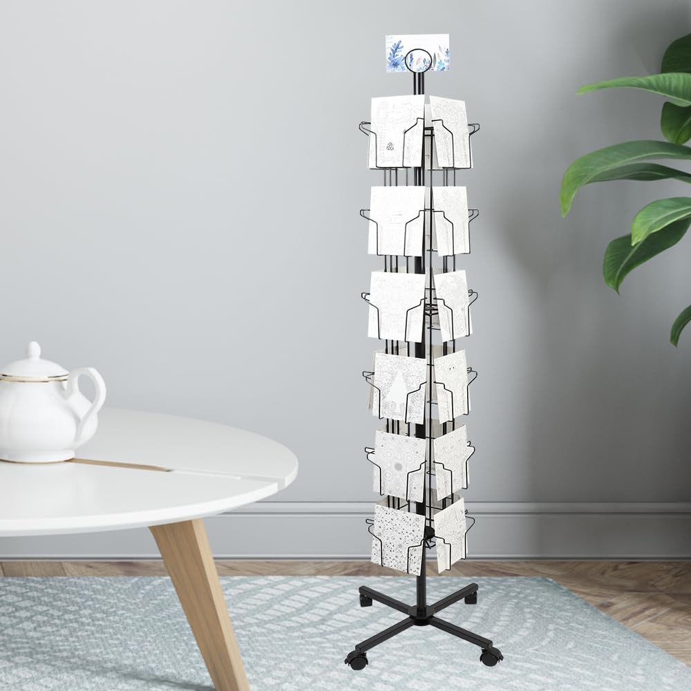 6 Tier Rotating Greeting Card Display Stand with 24 Pockets, Metal Rack for Stickers,Postcard,Photocard,Brochures,CD disc (Black)