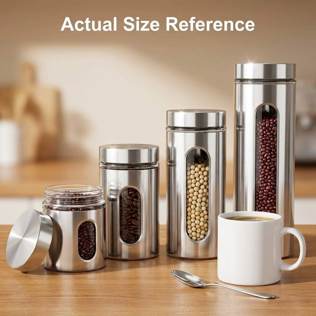 QWORK 4pc Stainless Steel Canister Set with Airtight Lids and Glass Window - Food Storage Containers for Kitchen Counter & Pantry Organization