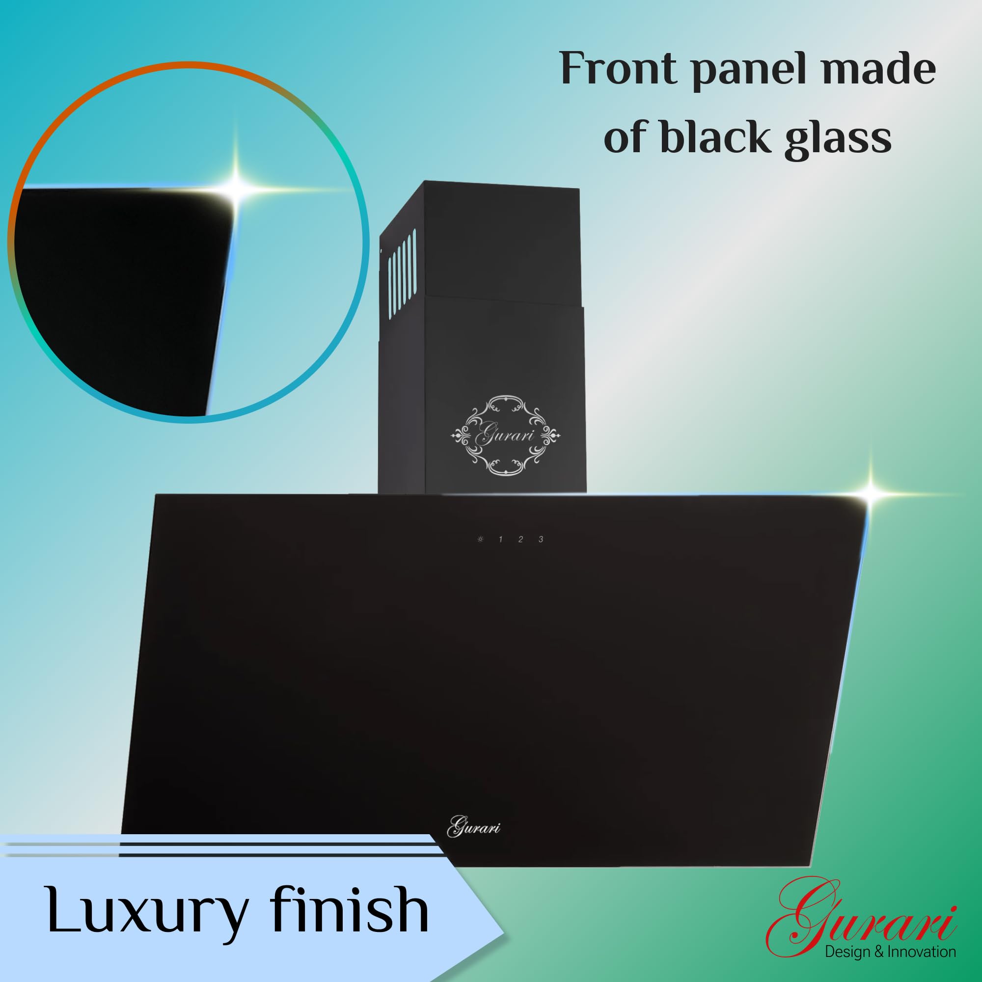 Gurari Cappa Aspirante 90 cm a Parete GCH D 286 Vetro Nero | Design Senza Testa e Inclinato | Motore 1000 m³/h | TouchControl, Telecomando Incluso | LED | Timer | Filtro Lavabile | Scarico e Ricircolo