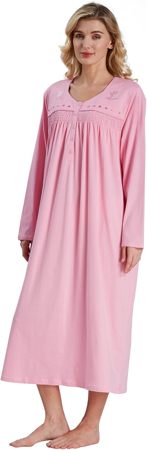 Keyocean Nightgowns for Women, Soft Cotton Comfy Lightweight Embroidered Long-sleeve Nightdress - Image 5