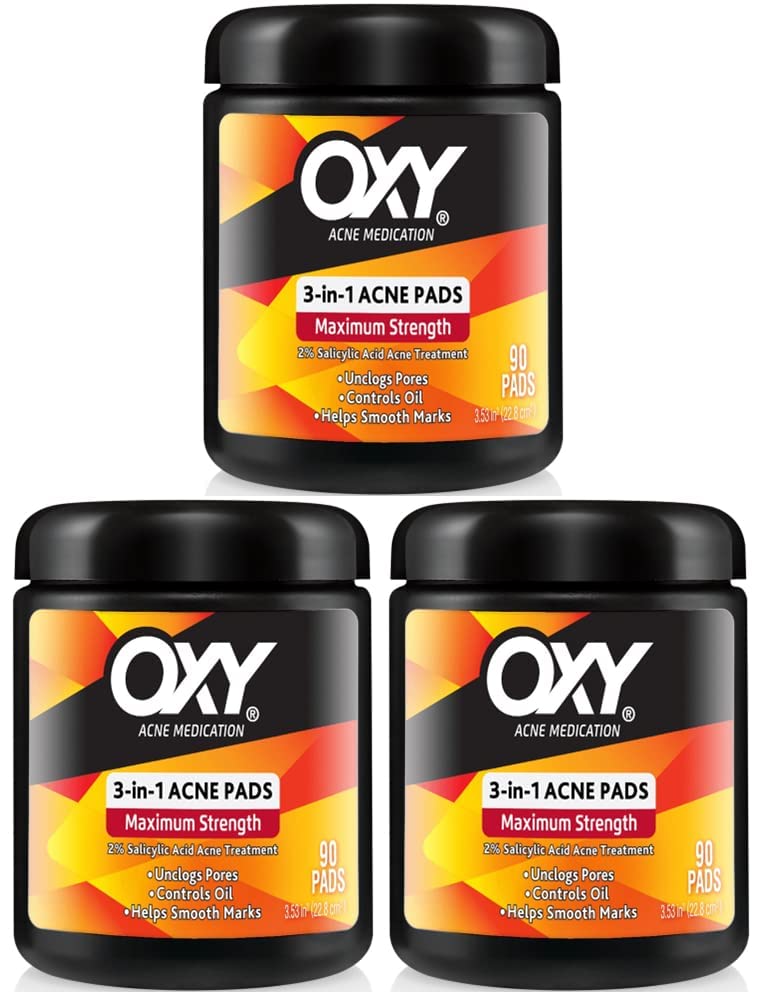 OXY Maximum Action 3-in-1 Acne Medication Treatment Pads, 90 CT (PACK OF 3)
