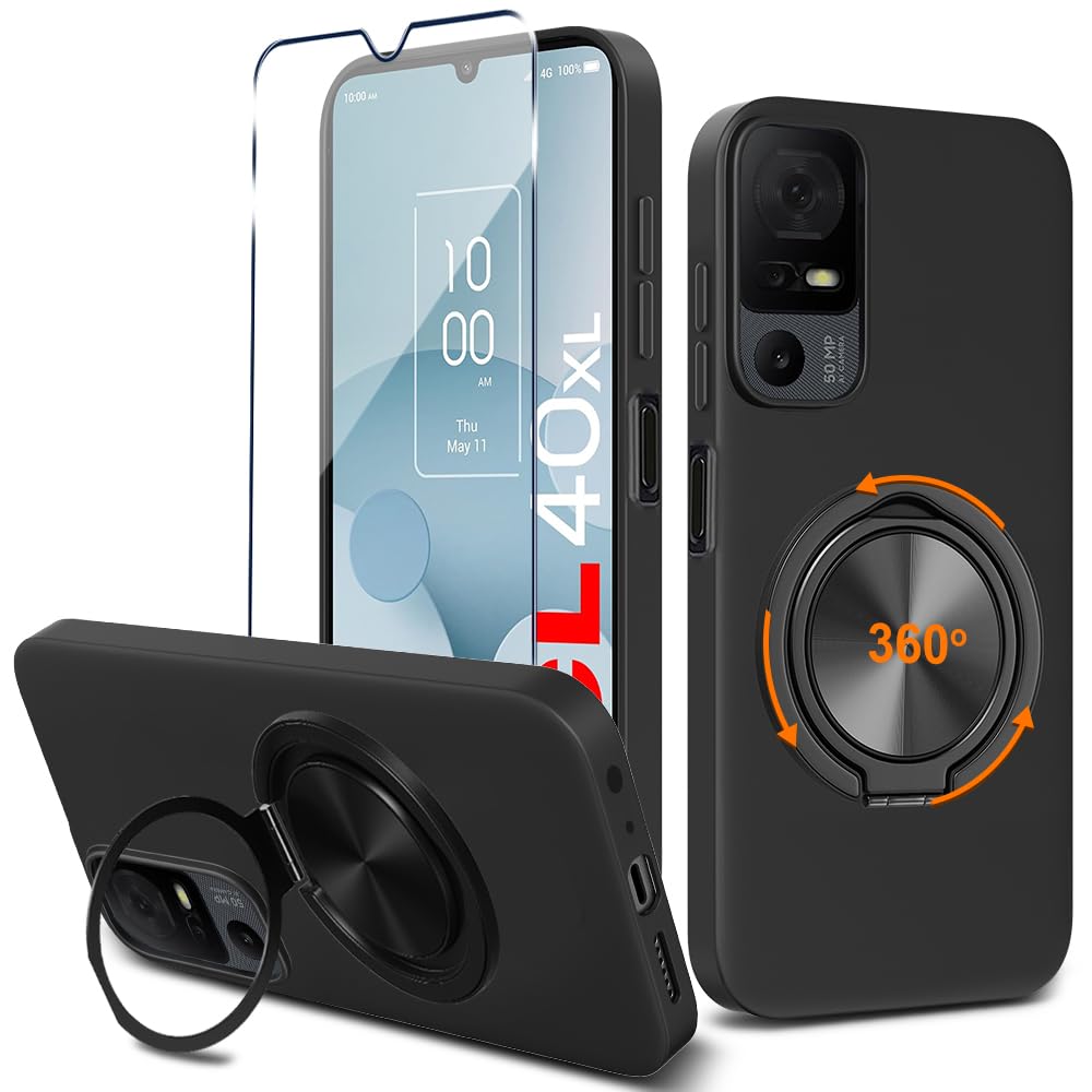 Nijiadi Compatible for TCL 40XL Phone Case with Glass Screen Protector, 360 Rotatable Ring Holder Kickstand Silicone TPU Protective Cover Case for TCL