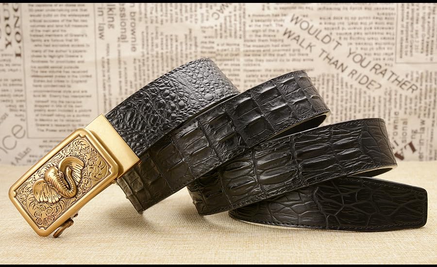 Men's Premium Genuine Leather Belt - Alligator & Elephant Embossed Design, Automatic Buckle Dress Belt for Business & Casual3