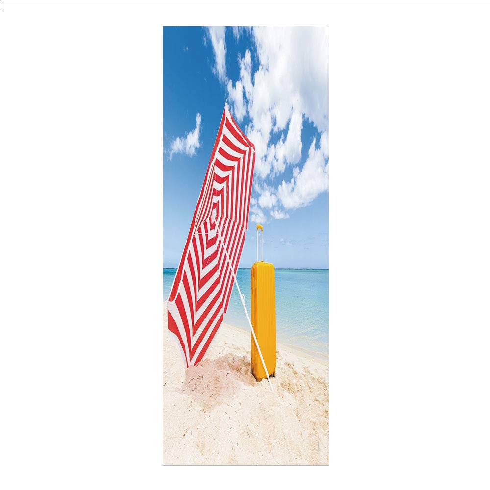 3D Decorative Film Privacy Window Film No Glue,Yellow and Blue,Windy Sandy Beach with Sunshade and Trolley Summer Holiday Relax Picture,Multicolor,for Home&Office