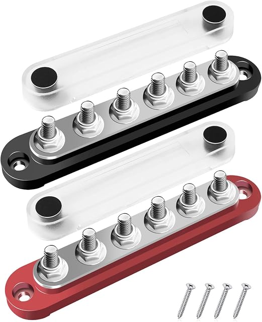 Power Distribution Block Bus Bar Pair Bus Bar 6 x 1/4" M6 Terminal Studs 12-48V, Bus Bar Terminal Block with Cover Max 300V AC 48V DC for Cars Trucks Rv Yachts Boat Ship Red and Black