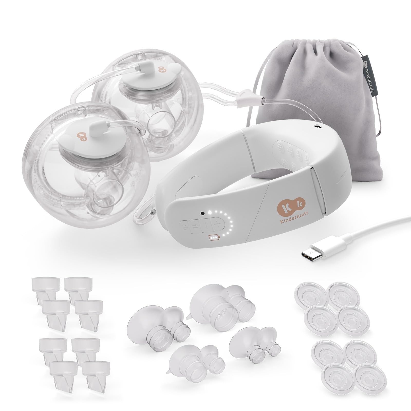 Kinderkraft GentleNest Laktator Elektryczny Podwójny, 3 tryby, 9 poziomów intensywności, funkcja soft-heat, lejki 17-27 mm, bateria 180 min, USB-C, higiena, akcesoria, Złoty
