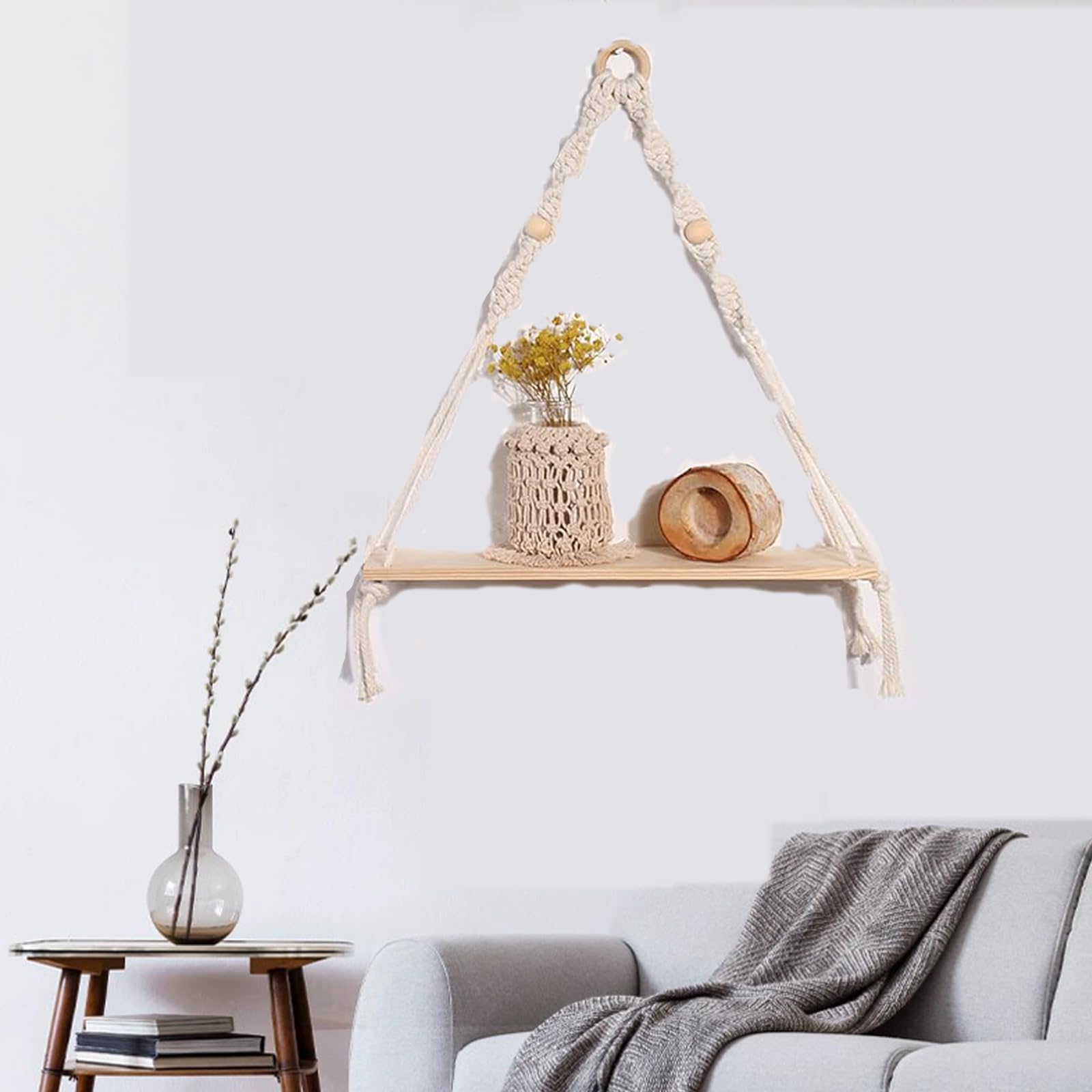Mensola Da Parete In Legno Boho Con Corda Macramè: 2 In 1 Decorazione E Ripiano Sospeso Per Piante, Bagno, Cameretta - 3