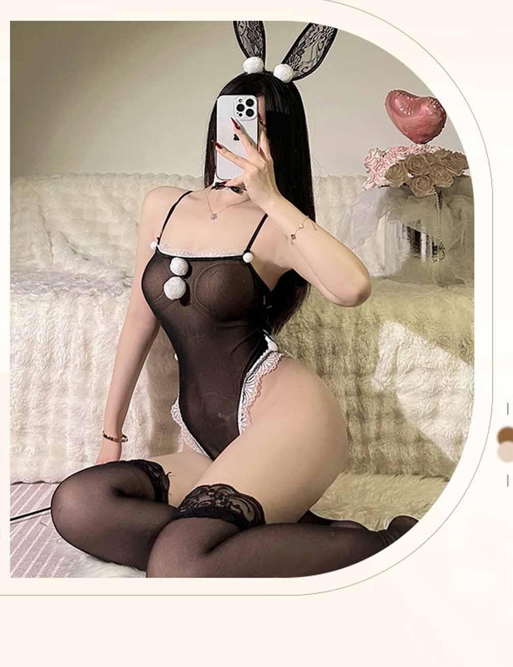 Oludkeph Bunny Cosplay Costume for Women Anime Role Senpai Lingerie One Piece Bodysuit with Kawaii Bunny Ear (Black, One Size) - Image 3
