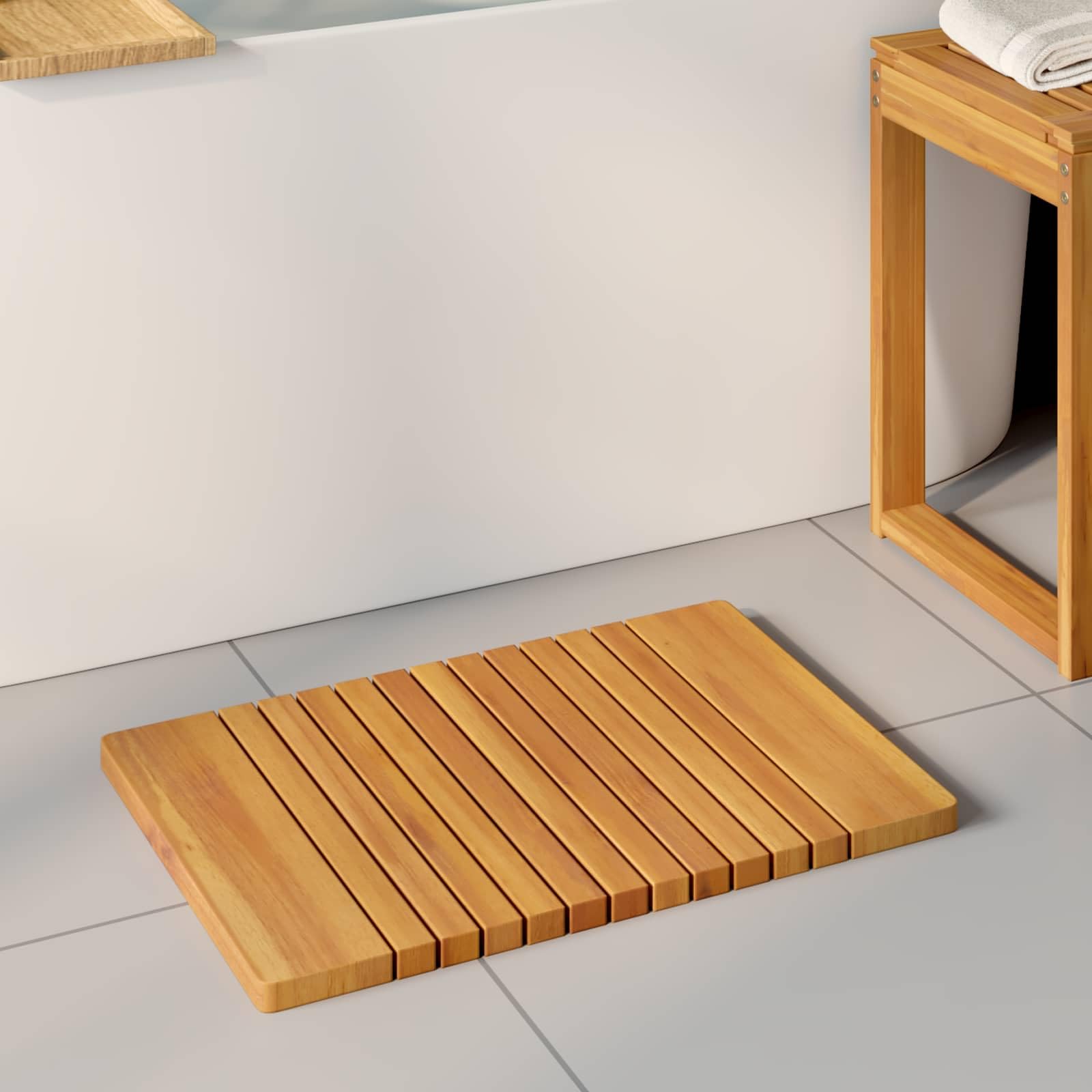 Alfombra de baño de madera de acacia maciza, marrón, 59 x 40 cm, antideslizante, impermeable, ventilada, para baño y balcón, fácil de limpiar, adecuada para baño, duradera y elegante