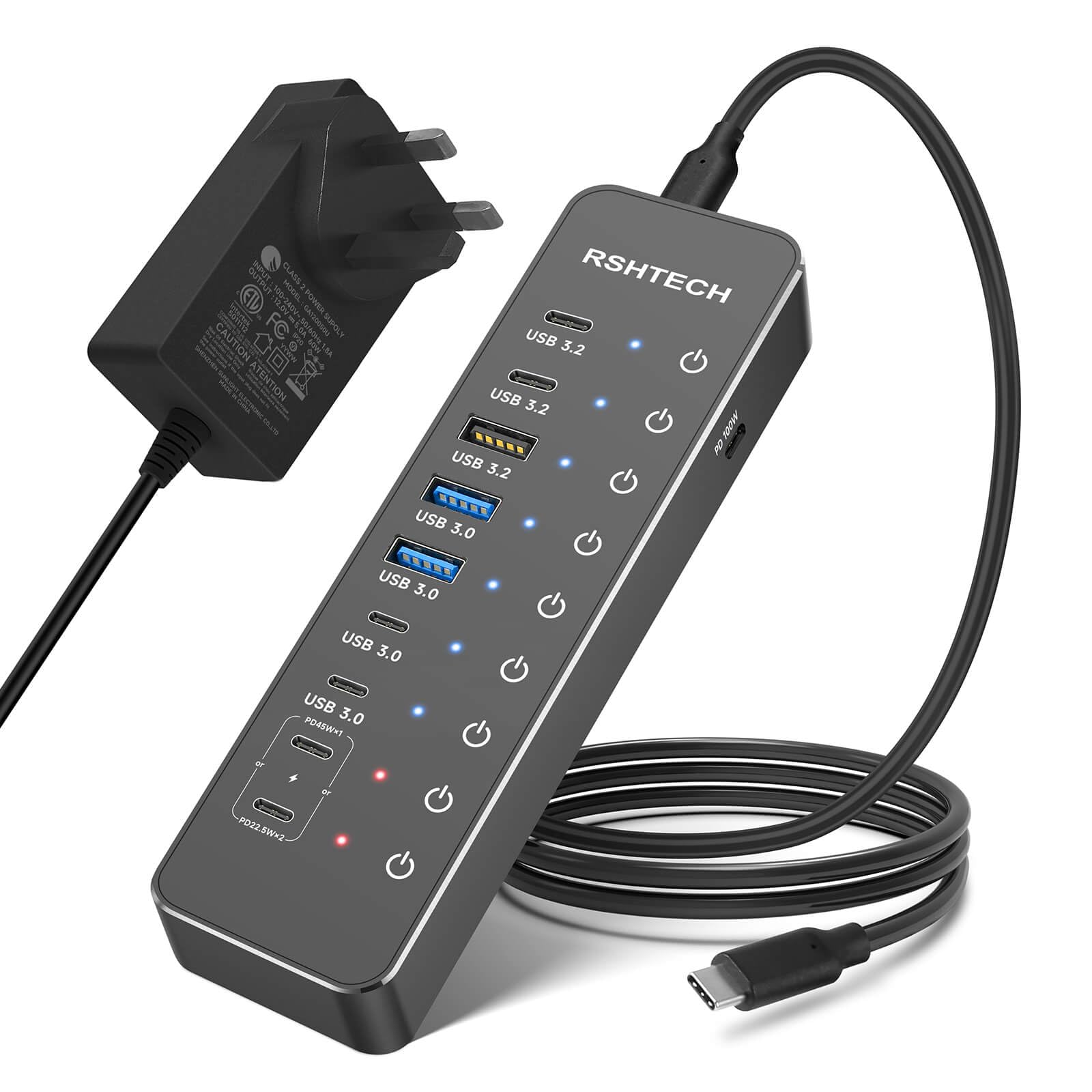 RSHTECH 66W Powered USB C Hub, 10-Port USB 3 Hub with 3X 10Gbps USB 3.2 Ports (2C+1A), 4X 5Gbps USB 3.0 Ports (2C+2A), 2X 45W USB-C Fast Charging, 100W PD, 3.3Ft Cable & 66W Power Adapter (RSH-ST10P)-image-16