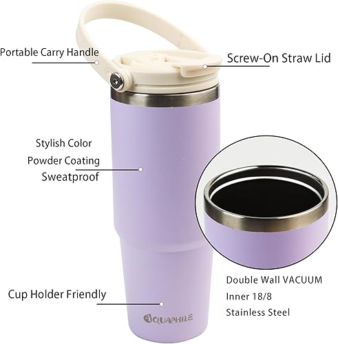 Miniatura 4 de Vaso de café de 30 onzas con asa, vaso de café aislado con tapa 2 en 1 a prueba de fugas y popote, taza de café aislada al vacío de doble pared,