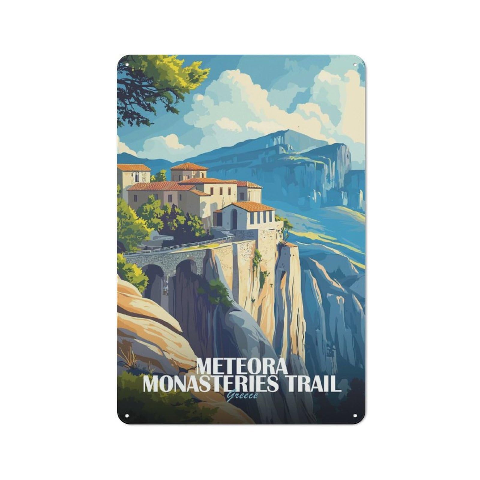 Junmoney Style-5 Shed Style Meteora Monasteries Trail Greece Illustration Tin Sign 30X20cm, Utility Space Decor For Greenhouse, Garden Room, Cafe Or Entryway
