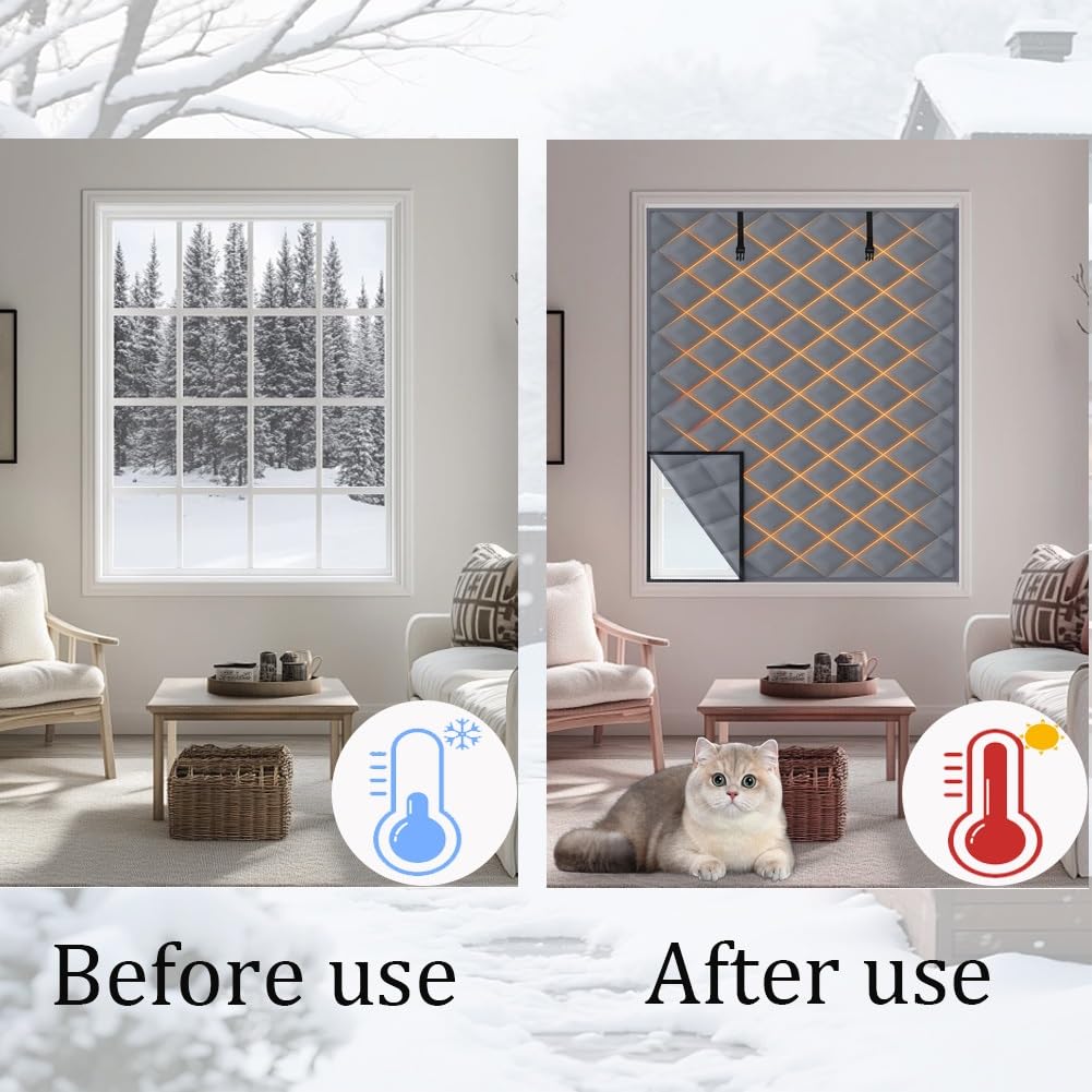 Fenster Isolierung Gegen Kälte, Fensterabdeckung Thermo Vorhang für Winter, Wärmeschutzvorhang isolierfolie Kälteschutz kälteschutzfolie Cover Klettbefestigung(Schwarz,82x82in/210x210cm)