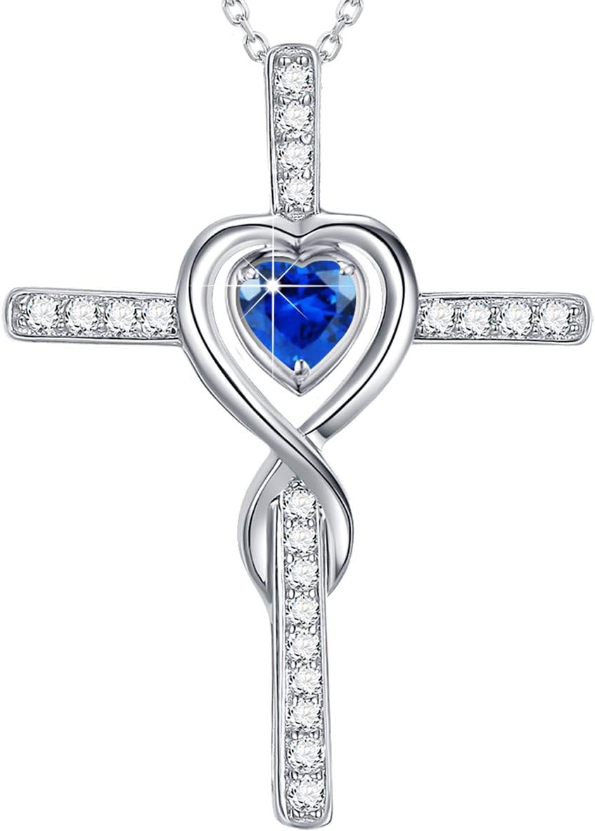 Dorella Love Heart Infinity Cross Necklace Sterling Silver Jewelry Gifts for Women LC Blue Sapphire Necklace Anniversary Birthday Gifts for Her Wife Daughter Grandma Girlfriend Pendants 20" Chain