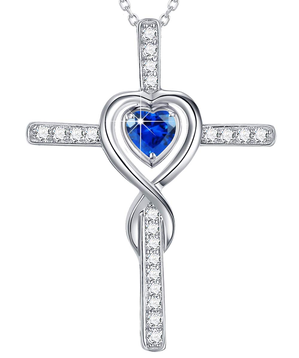 Dorella Love Heart Infinity Cross Necklace Sterling Silver Jewelry Gifts for Women LC Blue Sapphire Necklace Anniversary Birthday Gifts for Her Wife Daughter Grandma Girlfriend Pendants 20" Chain