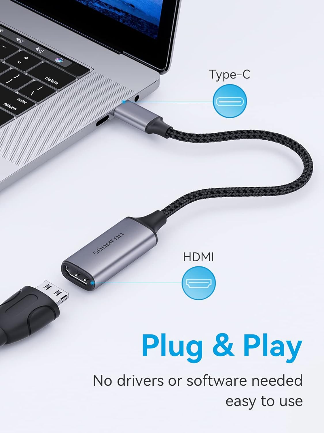 SOOMFON USB-C to HDMI adapter connected to a laptop and an HDMI cable