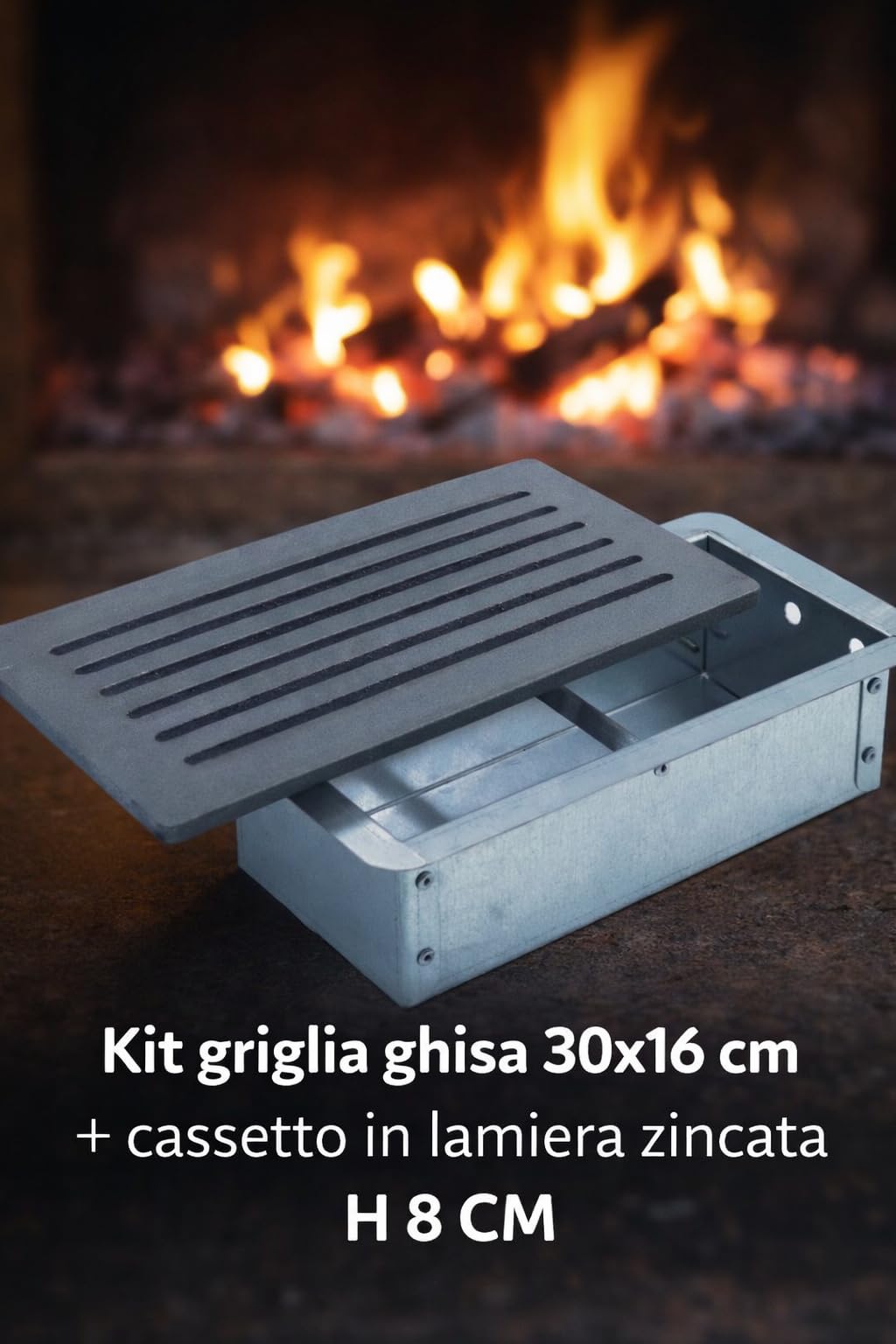 Fonderia Bongiovanni | Griglia in Ghisa | Griglia per Camino | Stufa Pellet | Barbecue Fondello per Cenere | 30x16 cm Mod.L | con Cassetto Raccolta Cenere | Altezza 8 Cm | Accessori Camino