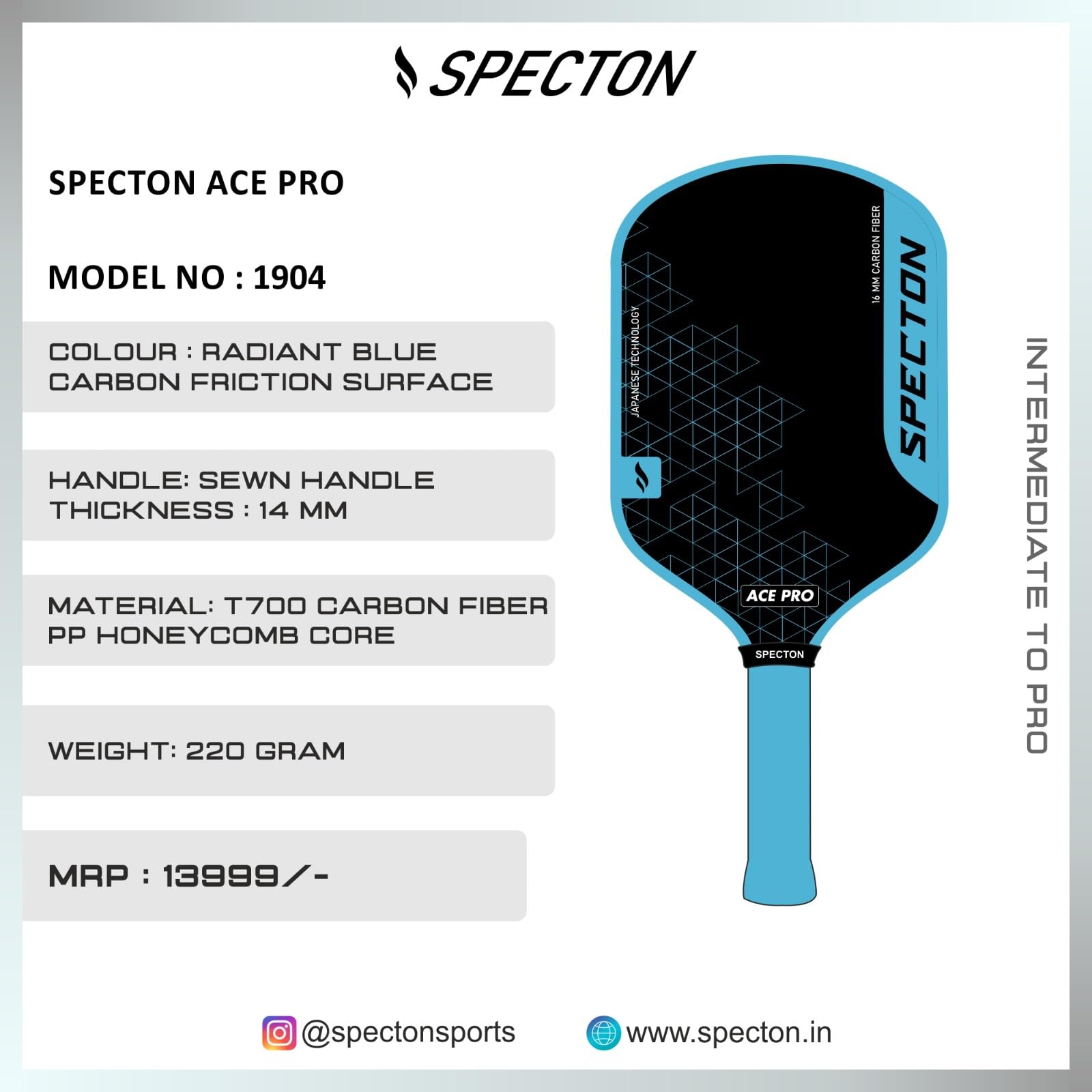 SPECTON Ace Pro 14mm Pickleball Paddle with Polypropylene Honeycomb, Carbon Fibre Surface, Lightweight, Standard Comfort Grip, Ideal for Indoor/Outdoor Play, Blue 3