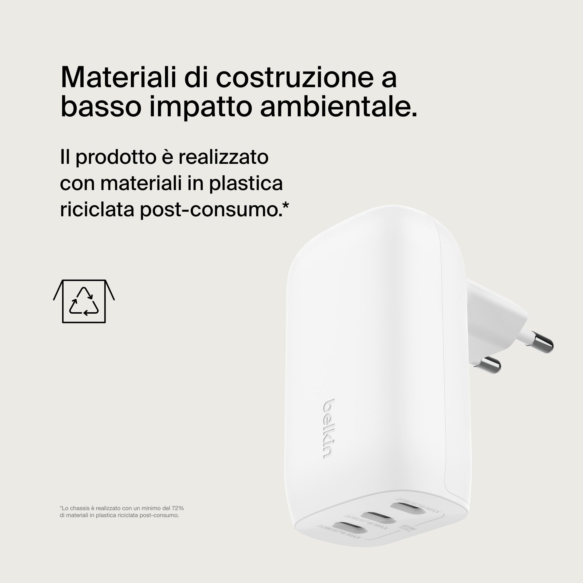 Belkin BoostCharge Caricabatteria da parete a 3 porte USB-C con PPS da 67 W, caricabatteria rapido per iPhone 16, MacBook Pro, AirPods, Samsung Galaxy e altri dispositivi con Power Delivery - Bianco