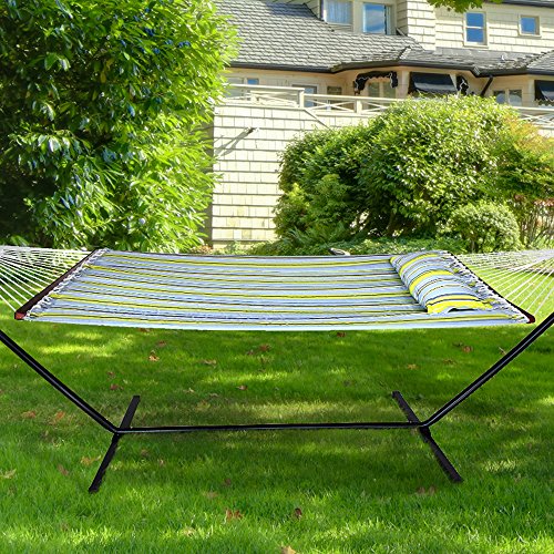 Sorbus 2-Person Stylish Hammock With Stand- 53" Large Cotton Outdoor Hammock- Spreadedbars & Pillow Included- Heavy Duty 450Lbs Portable Hammock For Garden Patio Outdoor Camping- Comfortable, Washable #TOP1