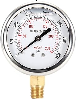 Stainless Steel Hydraulic Liquid Filled Fuel Pressure Gauge, 0-3500 PSI, 1/4 NPT Thread, Industrial Grade Measuring Instrument for Gas and Liquid