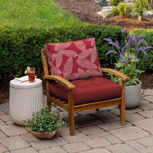 Image of ARDEN Outdoor Plush Modern Tufted Blowfill Deep Seat Set, 24 in x 24 in, Weather-Proof, Rain-Proof, Fade Resistant Patio Cushion, Ultra Cozy Red Leaf Palm