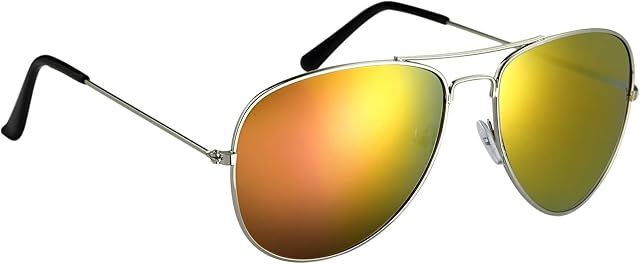 Komonee Pilot Style Silver With Mirrored Reflective Lens Sunglasses Set With Black Case and Cleaning Cloth Designer Unisex Mens Womens UV400 Protection Classic Shades Great For Golf Fishing Sports