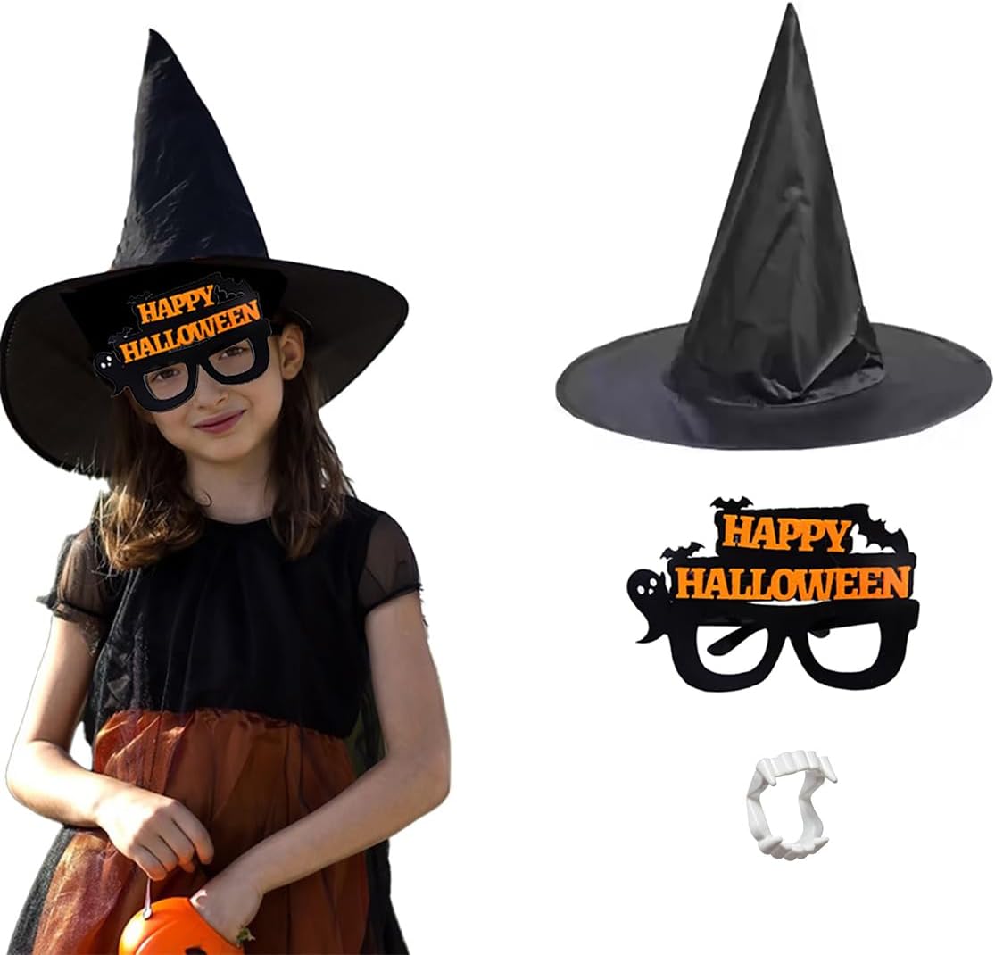 Halloween witch hat and novelty glass with vampire teeth