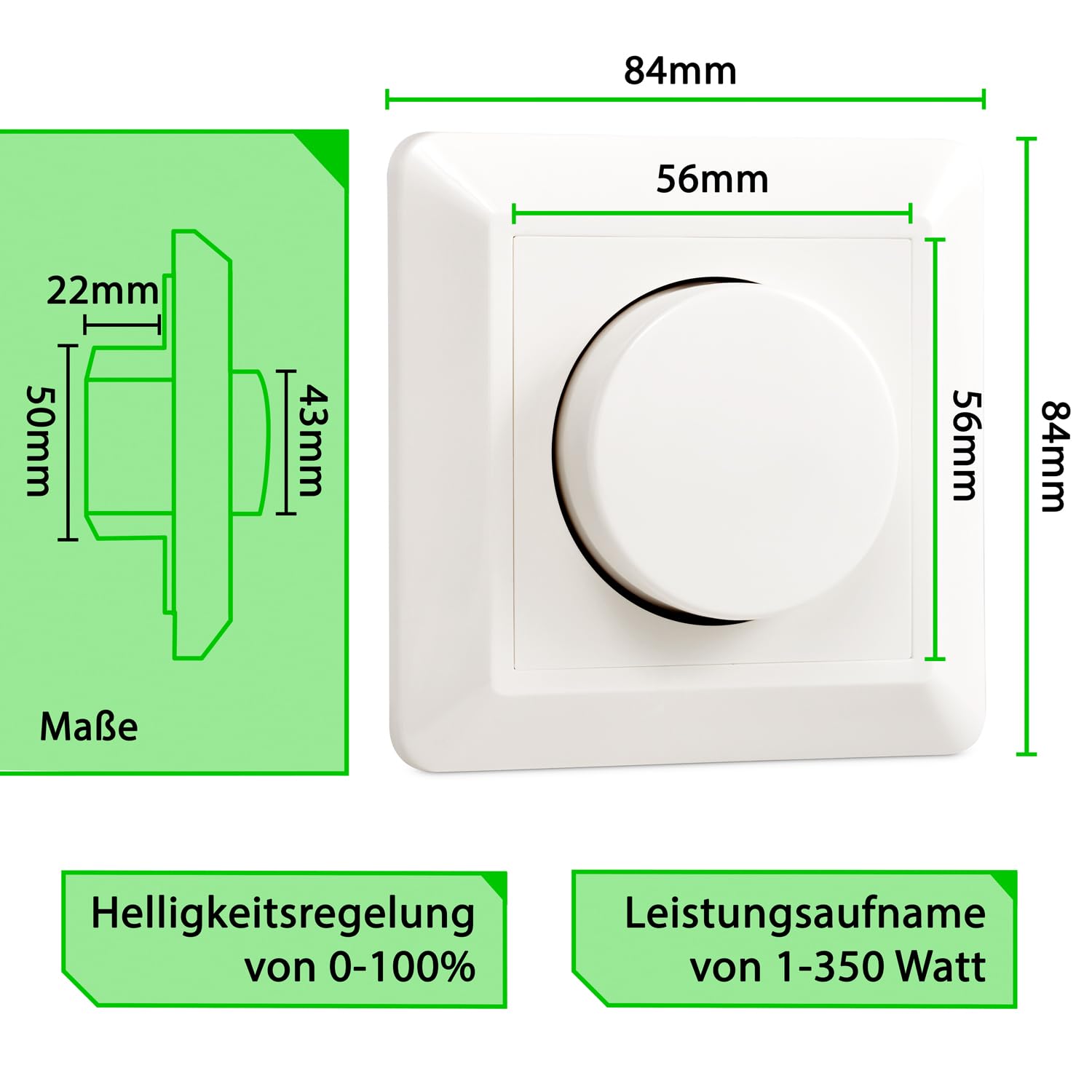 2 Stück greenandco gc-350 | Unterputz LED und Halogen Dimmer | 1-350 Watt | für Wechselschaltungen geeignet | mit Boost Funktion | weiß