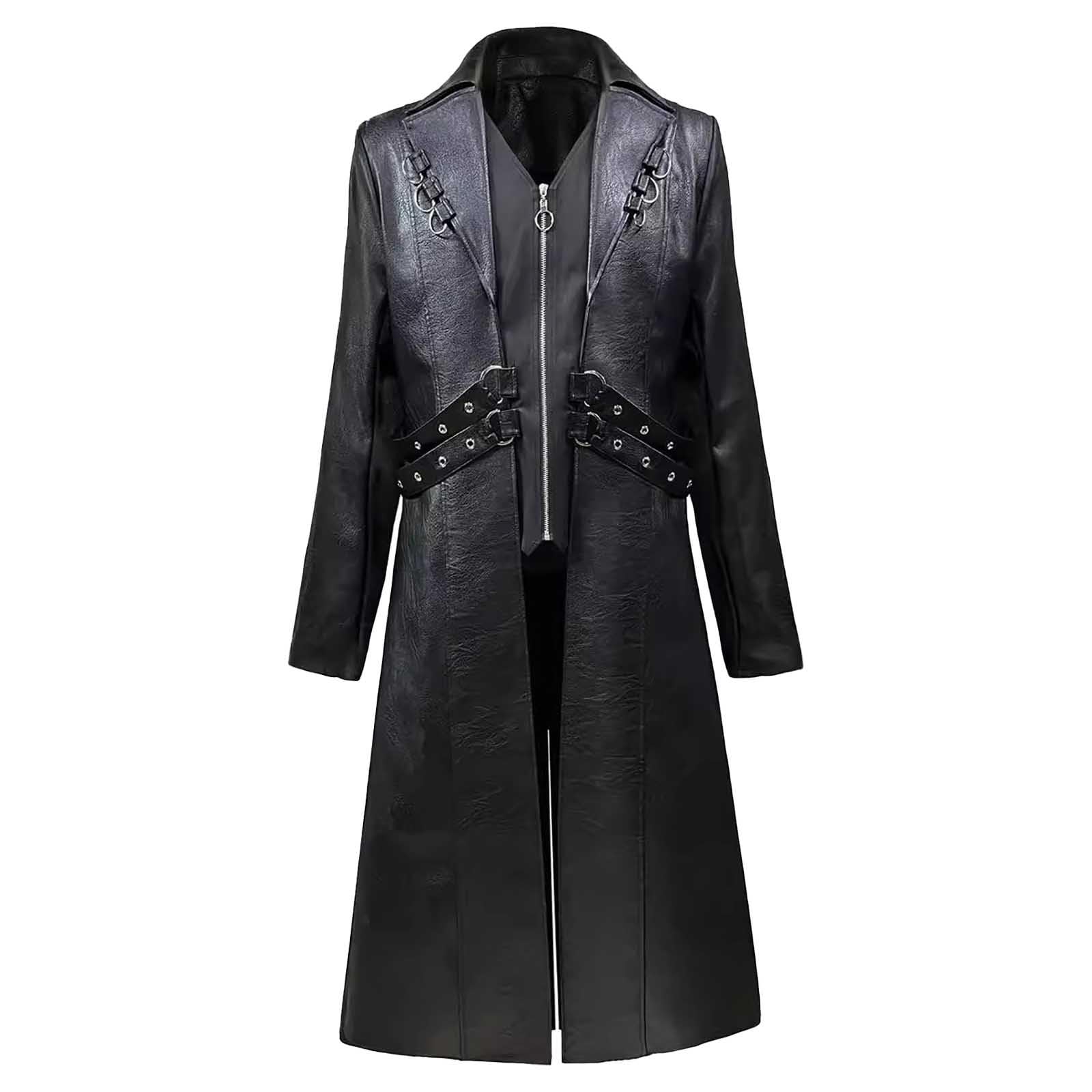Medieval PU Leather Trench Coat for Men Long-Sleeved Vintage Cosplay Jacket for Halloween & Renaissance Fairs Gothic, Steampunk Style Mid-Length PU Outerwear in Black