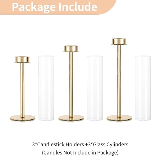 Miniatura 7 de NUPTIO Portavelas cónicos dorados: juego de 3 candelabros altos de huracán con tapas de vidrio transparente de extremo abierto, soporte de vela