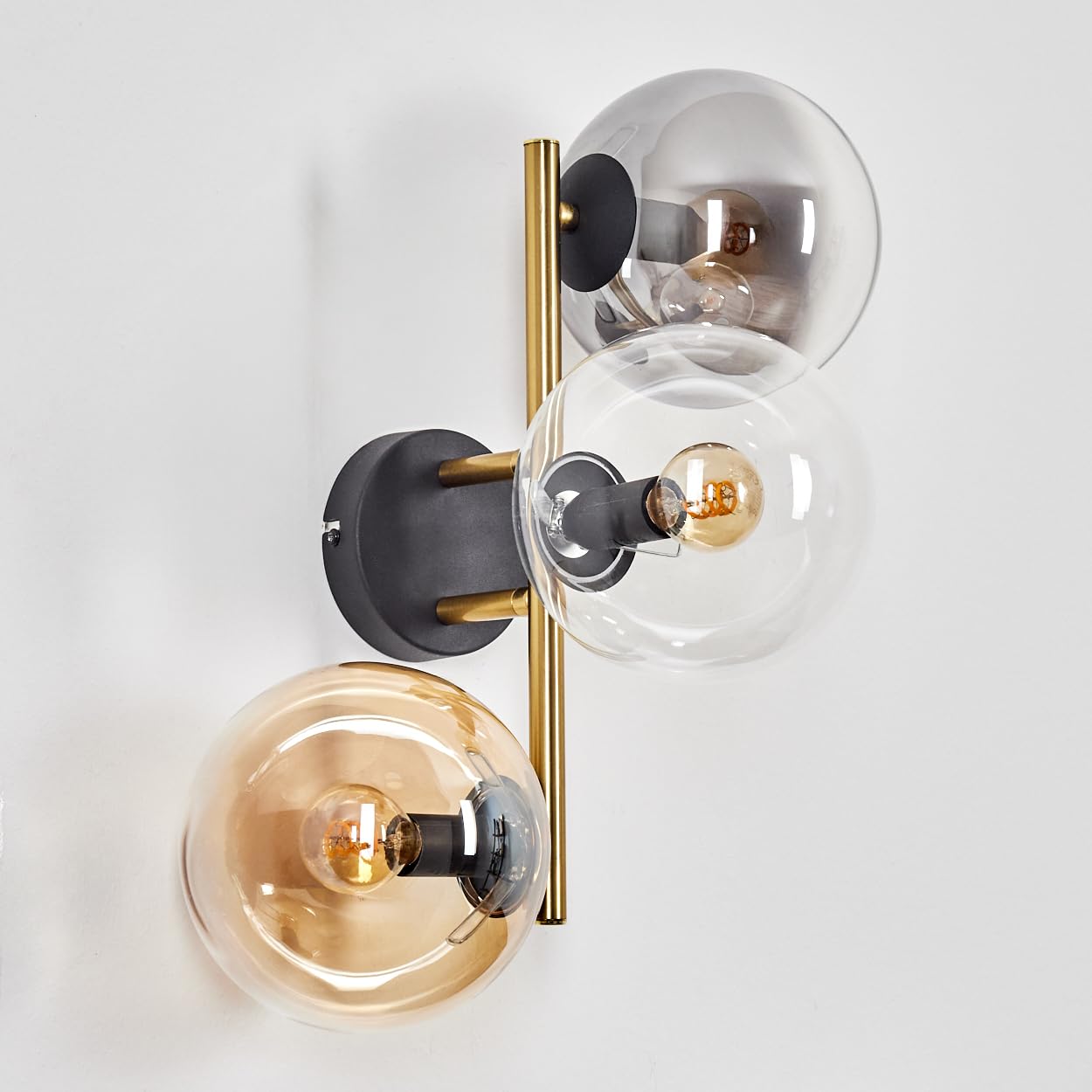HOFSTEIN Wandleuchte Gastor, Wandlampe aus Metall/Glas in Schwarz/Gold/Rauch/Bernstein/Klar, Leuchte im Retro/Vintage-Design (Schirme Ø 15 cm), E14, Wohnzimmer, Schlafzimmer, Küche, Flur, Treppenhaus