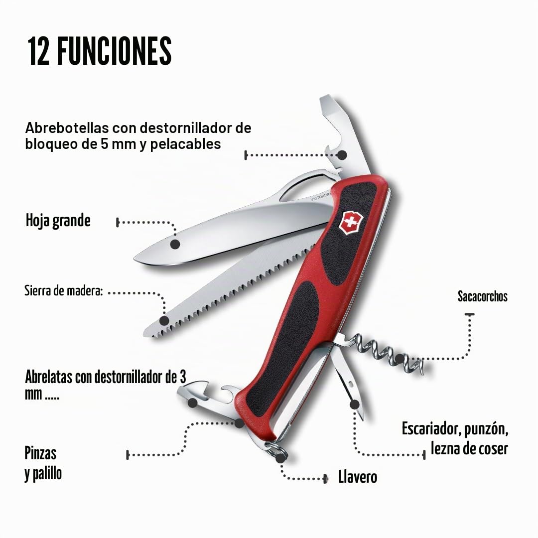 Victorinox Ranger Grip 79 Navaja multiusos con 12 funciones, incluyendo hoja con bloqueo para una mano, de color rojo/negro