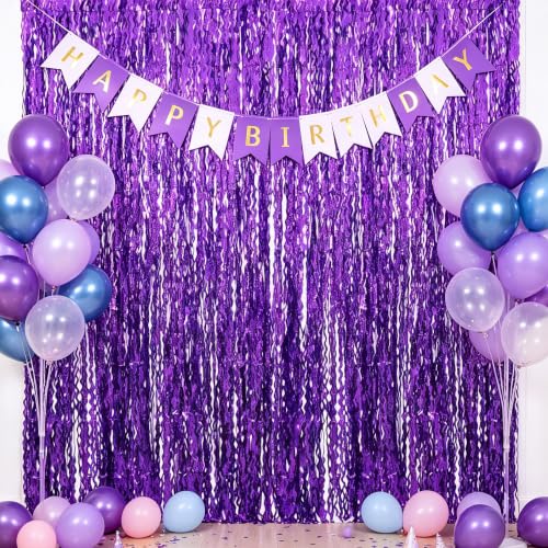 Image of TONIFUL 2Pcs Laser Wavy Purple Metallic Tinsel Foil Fringe Curtain Streamer | 3.3ftx6.6ft Photo Booth Backdrop Door Streamer Curtain, Props for Bachelorette Mermaid-Themed Birthday Graduation Decoration