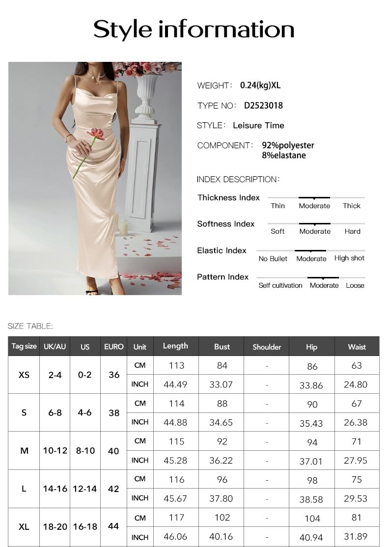 Abito Lungo Estivo in Raso da Donna con Scollo A Cascata, Spalline Sottili, Arricciato, Spacco Alto, Abito Sottoveste Formale, Sexy, Senza Schienale, per Cocktail Party, Serate, Matrimoni,