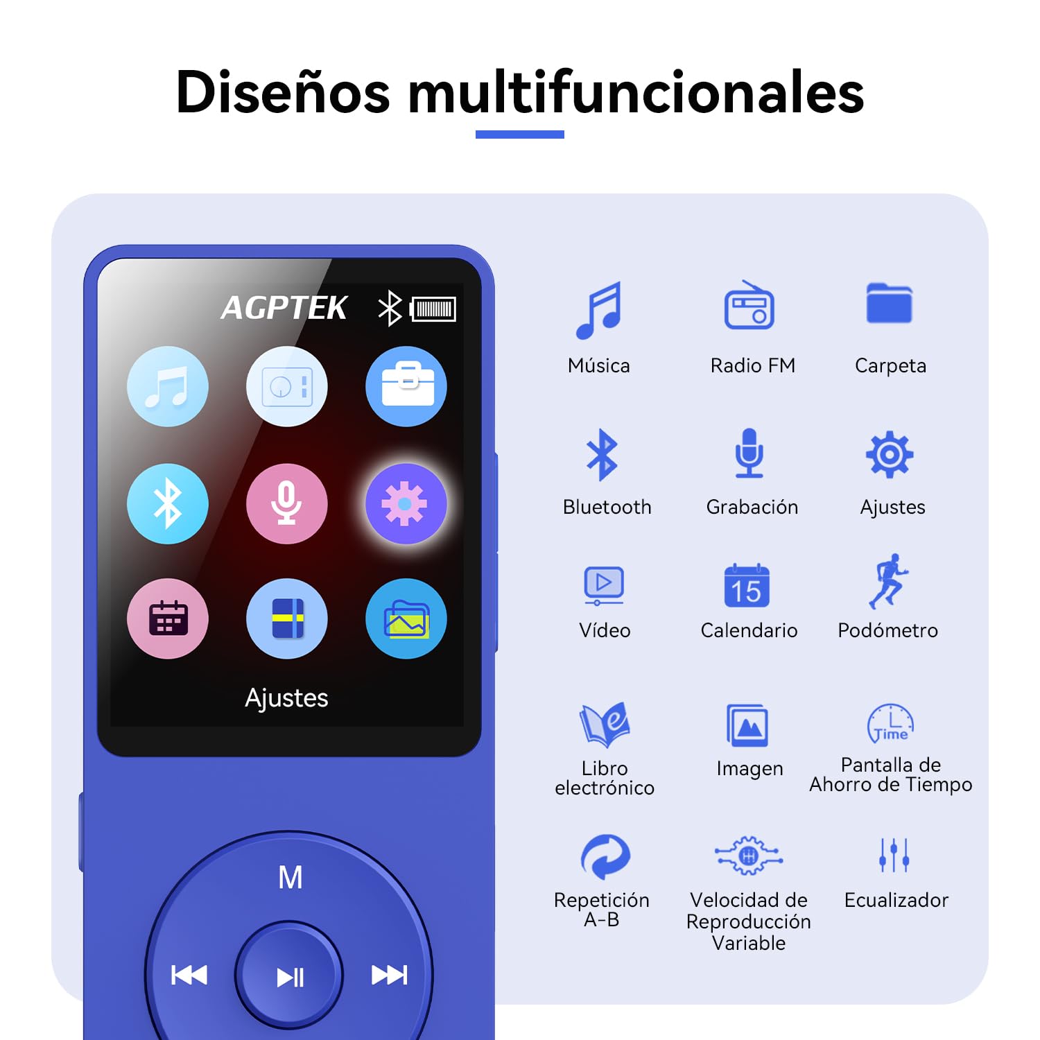 64GB Reproductor MP3 Bluetooth 5.3 con Caja, AGPTEK MP3 Player, Reproductor MP3 Deportivo Portátil, 1.8" Pantalla de 70H de Reproducción, MP3 de Niños Radio FM, Azul