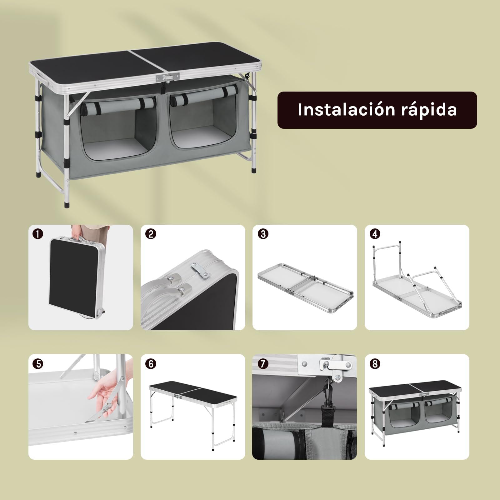 WOLTU Mesa de Camping Cocina de Acampada Málaga Mesita Plegable de Aluminio, Mesas de Picnic Altura Ajustable 120x47x62/69.5 cm, Negro+Gris