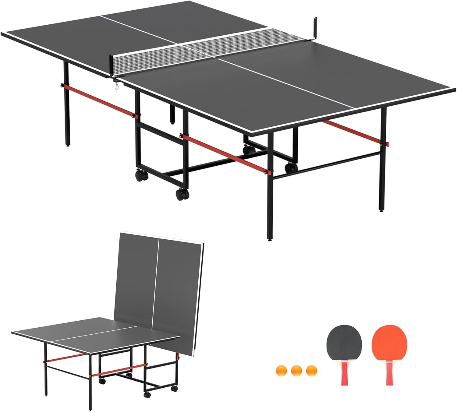 8ft Mid-Size Table Tennis Table,Foldable Ping Pong Table for Indoor, 2 Table Tennis Paddles and 3 Balls, Foldable for Easy Storage with Nets Included, Perfect for Family Game Rooms