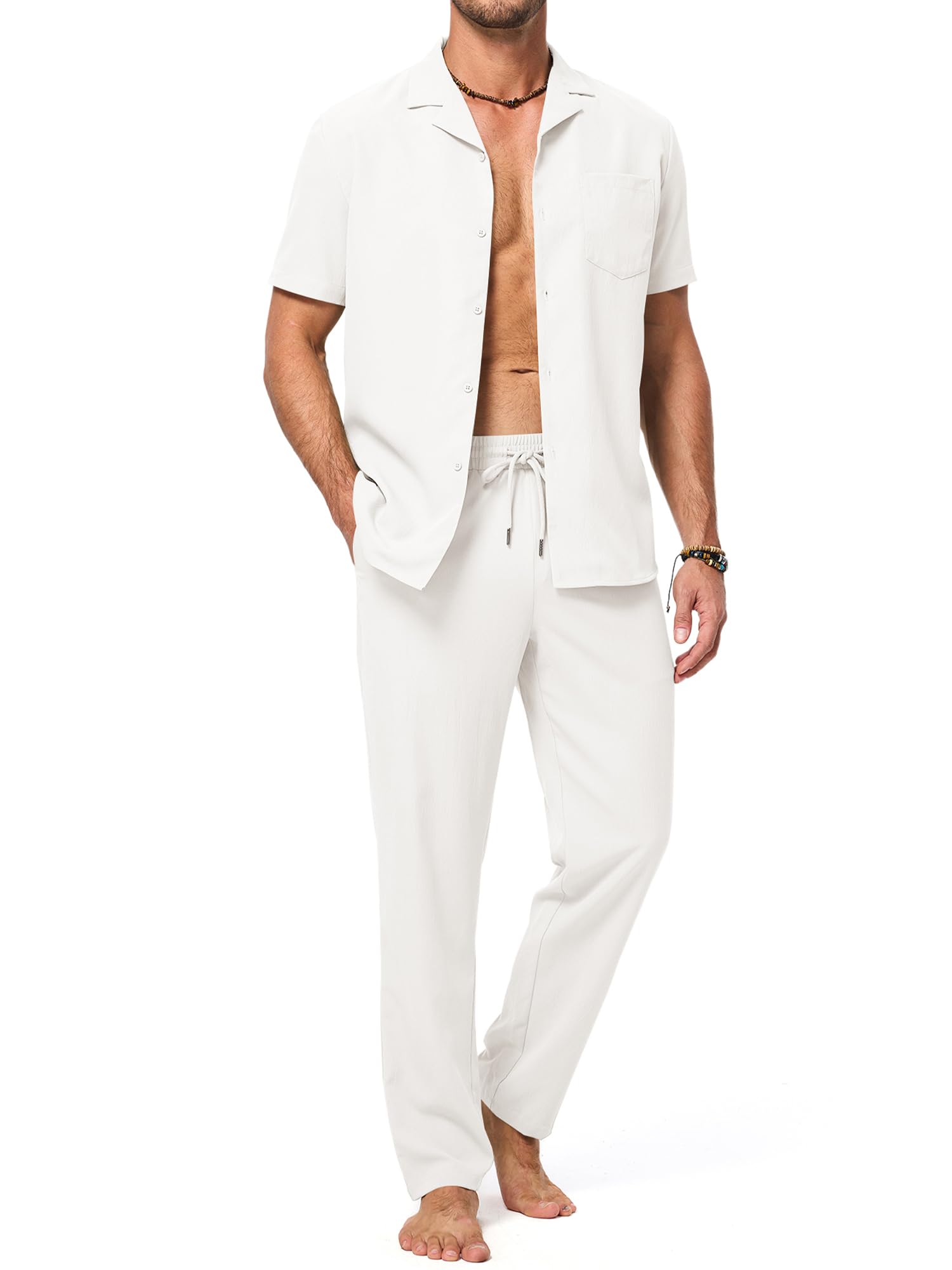 jmierr men 2 piece beach vacation outfit pants set summer cool short sleeve casual shirts