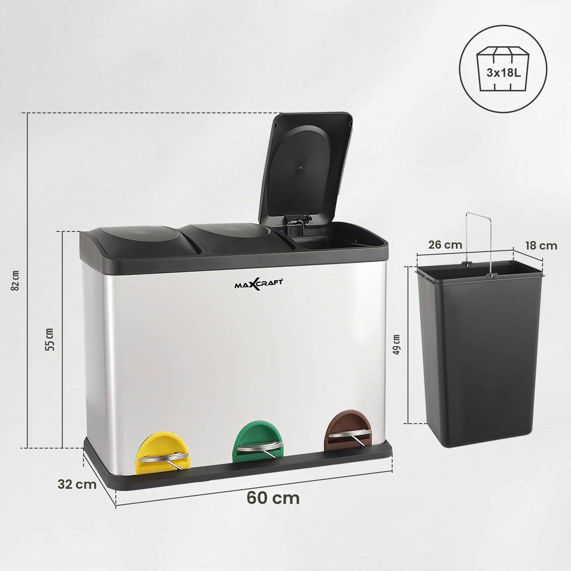 Cubo de basura Cubo de Reciclaje Basurero Acero Inoxidable Cocina 3 Contenedores con Tapas Capacidad para 54 litros (3 x 18 litros)
