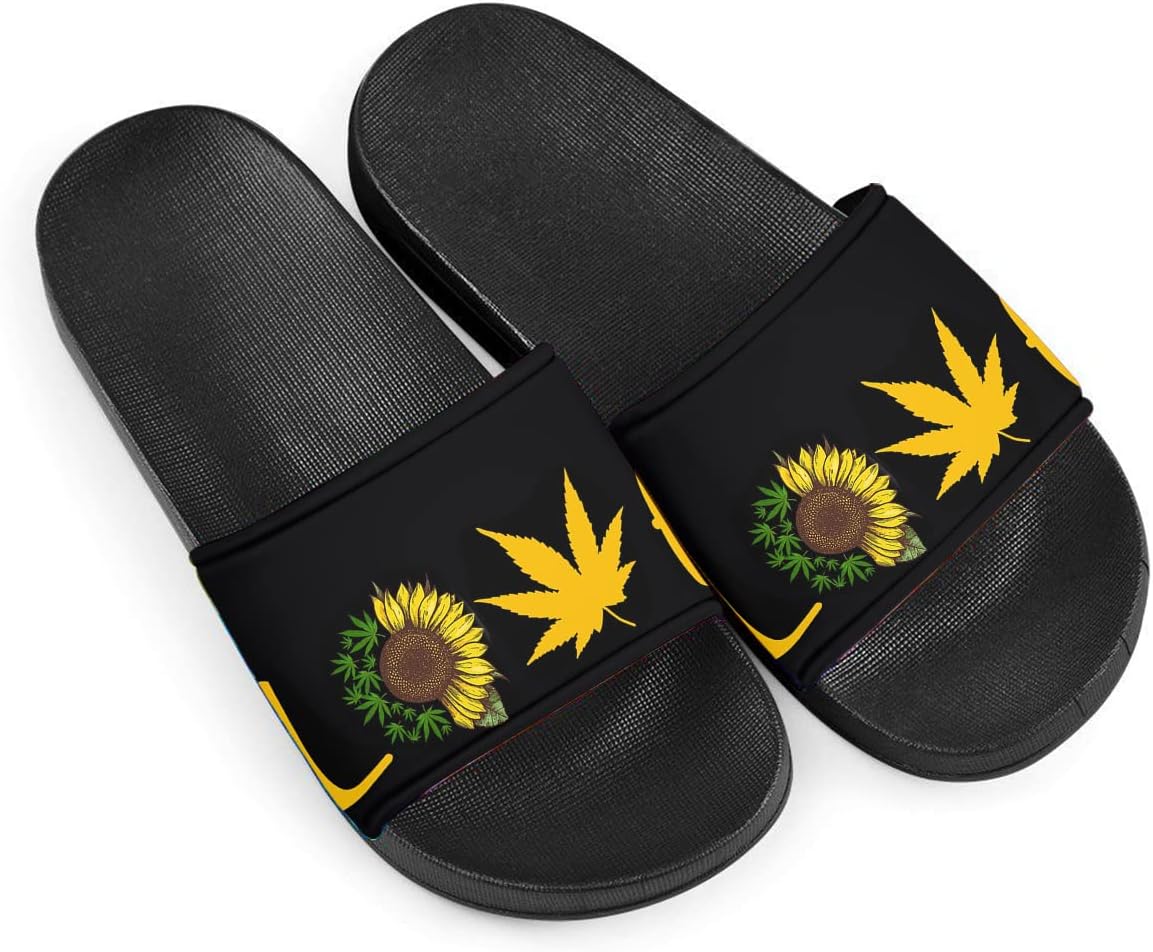 Howilath Novelty Sunflowers Pattern Slide Sandals for Women Girls, Comfotable Open Toe Non Slip Single Band Slide Sandals