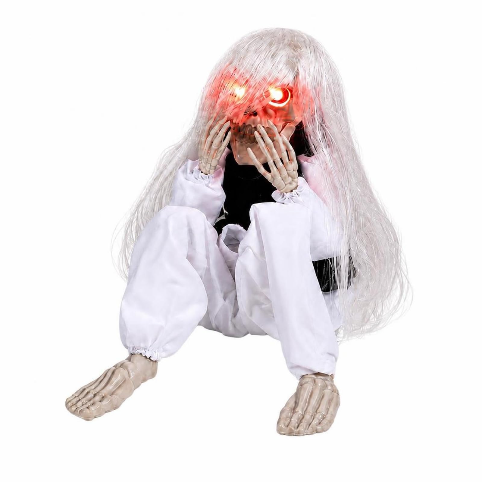 Baoblaze Scheletro di Halloween Pupazzo Decorativo Ornamento con Occhi Luminosi in Hips Poliestere Effetto Scenico Adatto a Allestimenti di Feste, Bianco, 29X24X16
