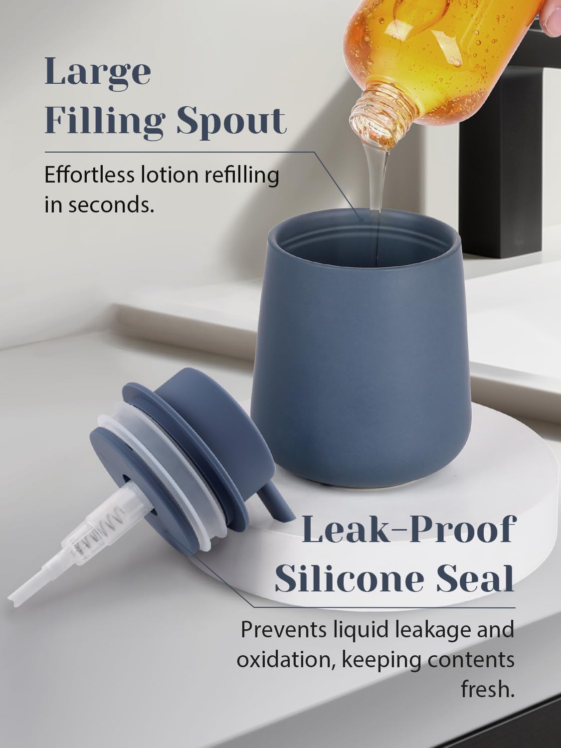 INGOFIN Dispenser per lozione in ceramica, 350 ml, ricaricabile, dispenser di sapone liquido da bagno, moderno dispenser di sapone liquido con pompa, dispenser di sapone per piatti per cucina, blu
