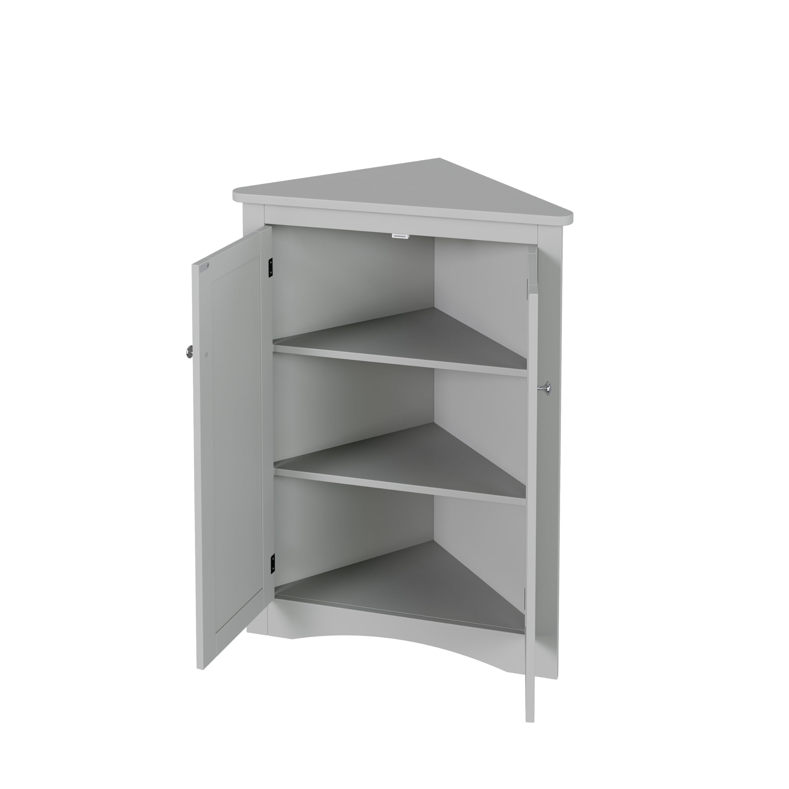 Armadio angolare grigio autoportante, 2 ante, triangolare, 3 ripiani, pannello in MDF, superficie verniciata, salvaspazio, bagno, cucina, soggiorno, 61,5 x 80 cm