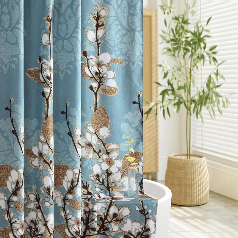 Miniatura 6 de Hanakotoba - Cortina de ducha de poliéster impermeable con estampado de plantas blancas y azul marino para baño, 72 pulgadas de ancho x 72 pulgadas