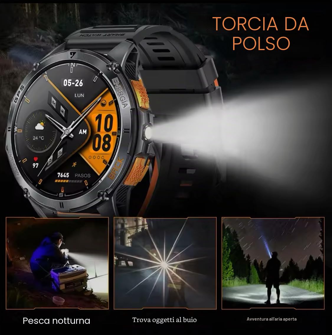 Orologio intelligente da uomo militare con GPS, torcia elettrica, impermeabile, 50 m, 530 mAh, schermo da 1,43 pollici, AMOLED 460 x 460, SmartWatch Sport Monitor per la salute